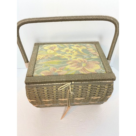 Vintage Tapestry Fabric Cushion Covered Sewing Box Basket w Handle And  Goodies - Picture 1 of 16